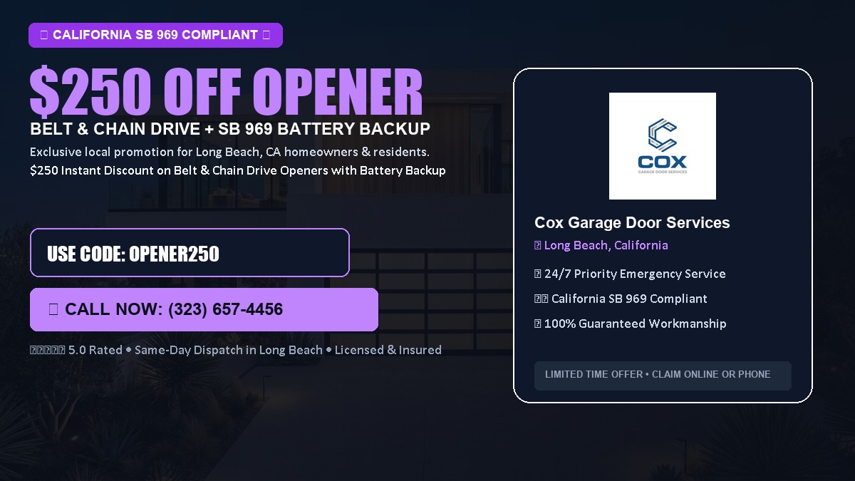 $250 OFF Smart Garage Door Opener Installation (Belt & Chain Drive with California SB 969 Battery Backup) in Long Beach, CA