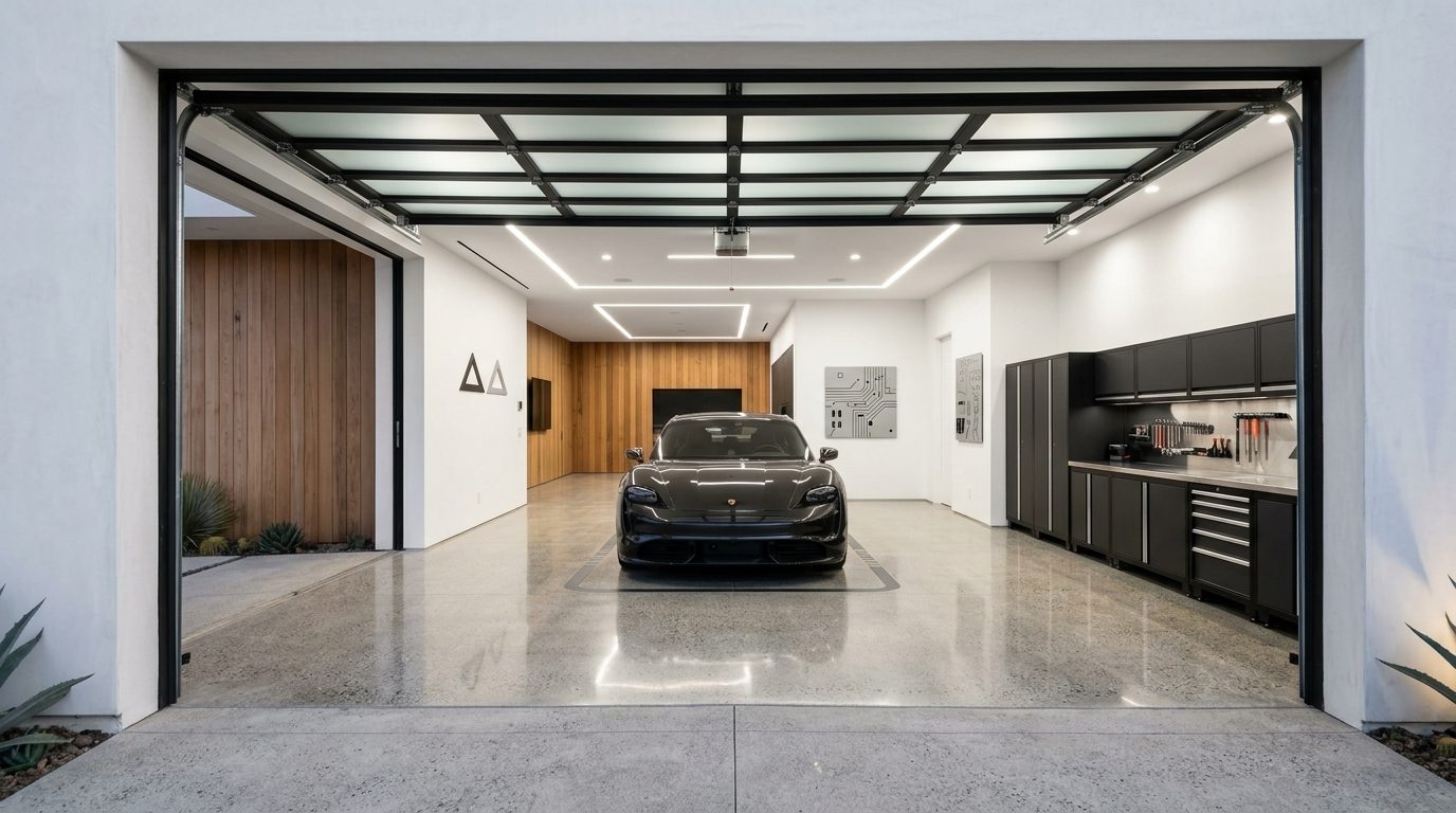 Cox Garage Door Services Interior View of Custom Garage Door Overhead and Workshop